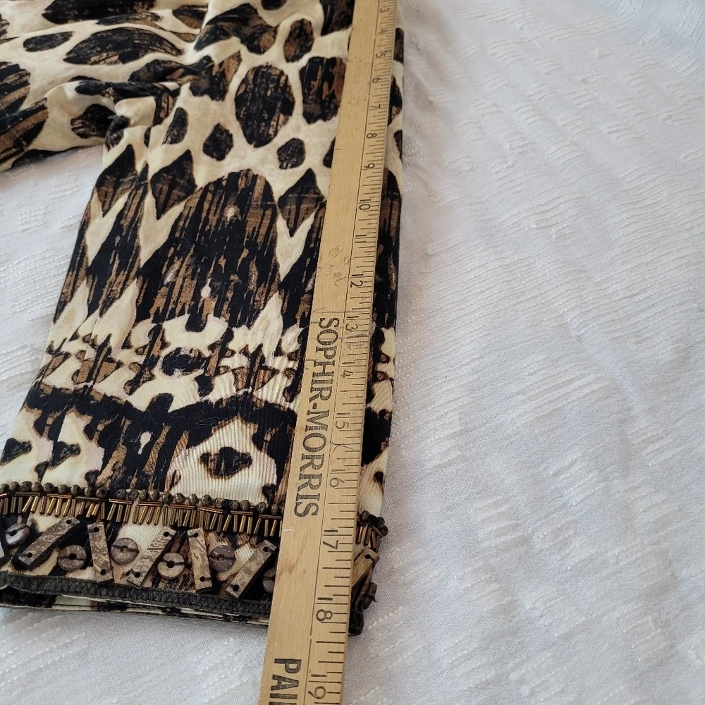 Chico's tribal print ivory black jacket brown beading tab collar artsy ethnic S